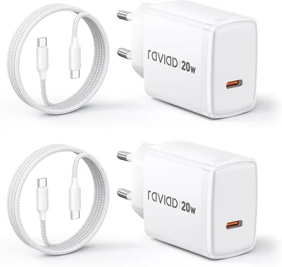 RAVIAD USB C Ladegerät 2er-Pack 20 W, Schnelllader mit 60 W USB C Kabel 2 m, Mobile Telefon Schnellladekabel USB C Ladegerät