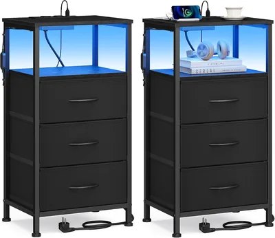 SONGMICS Sängsbord med laddestation och LED, 3 drasor, 2-pack | Nattsstol, 39.5 x 30 x 76 cm, App-kontroll, Ink