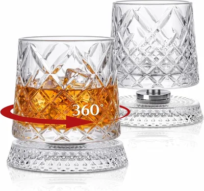 Spinning Whiskey Glasses Set of 2 - Stress Relief Rotatable Old Fashioned Rocks Glasses, 9 oz Lead-free