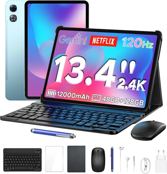 P13 Android Tablet 16GB, Tableta de 13 pulgadas, Inteligencia Artificial Gemini, 48GB RAM + 128GB ROM/2 TF, Batería de 12000mAh/18W, Pantalla IPS 2.4K, 120Hz, Procesador Octa-Core T7280