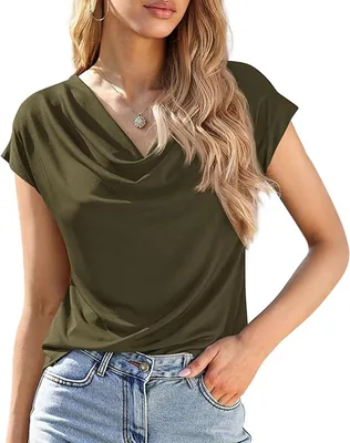 Blusa de Mujer UIV@SH Cuello Drapeado, Manga Corta Estilo Veraniego Elegante Casual para Oficina, Trabajo y Citas