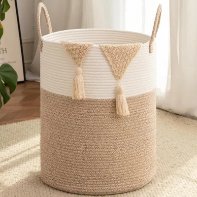 Large Cotton Rope Laundry Basket 80L - Decorative Hamper for Blankets & Toys