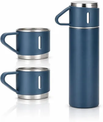 Stainless Steel Vacuum Flask 500ml Blue Double Wall Insulation BPA Free with 3 Cups Hot Cold Drinks Best Deal