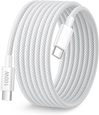 USB C Kabel 100W, 3M, Fastladare, Vit Nylongad, Samsung Kompatibel