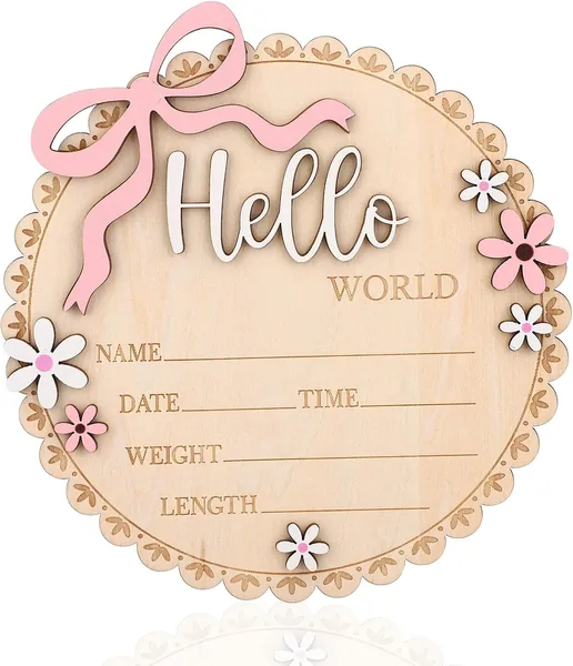 Newborn Announcement Sign, 15cm/5.9in Wooden Hello World Newborn Sign Birth Baby Name Plaques for Boys and Girls