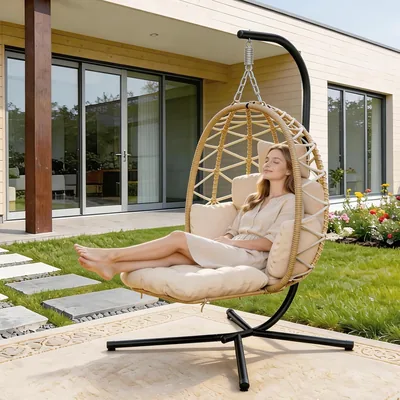 Hängkruk med ram, hängkor, armchair med fötstol och stark pad, utomhus eller inomhus Rattan