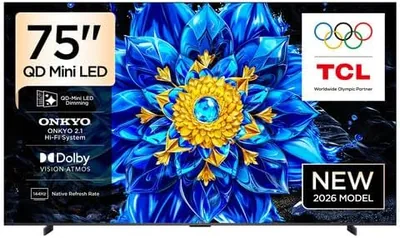 تيلسونيك 75 بوصة شاشة LED دقيقة، معدل تجديد 144 هرتز، معالج AIPQ، نظام صوتي ONKYO عالي الجودة، Dolby Vision Atmos، HDR10+ أفضل صفقة