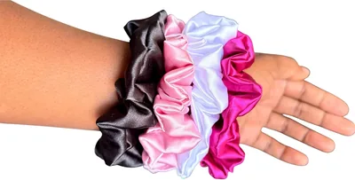 Satin Scrunchies 4 Pack - Pink, White, Hot Pink & Grey