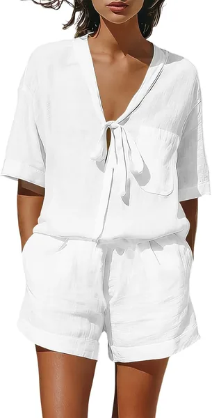 Conjunto de verano para mujer: Camiseta de manga corta con bolsillo y pantalones cortos de lino y algodón