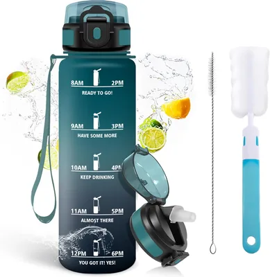 Bottiglia d'Acqua Mulbijeo 1 Litro, Senza BPA, a Prova di Perdite, con Cannuccia, Riutilizzabile, Motivazionale, Spazzola per Cannuccia