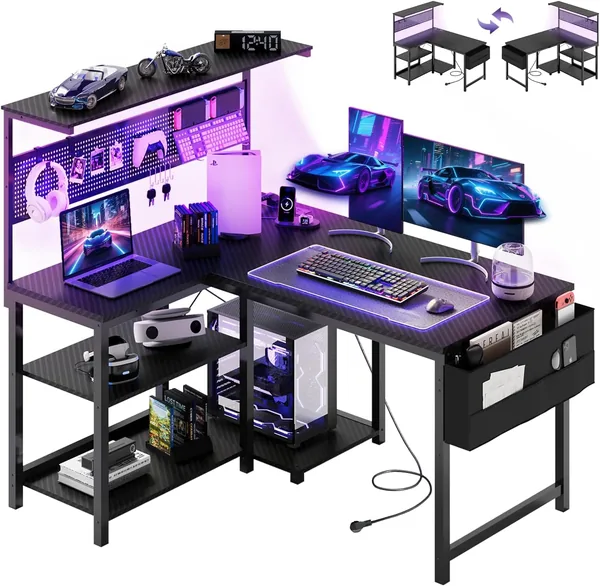 Biurko gamingowe YOUDENOVA w kształcie L z oświetleniem LED i gniazdkiem USB - Best Deal