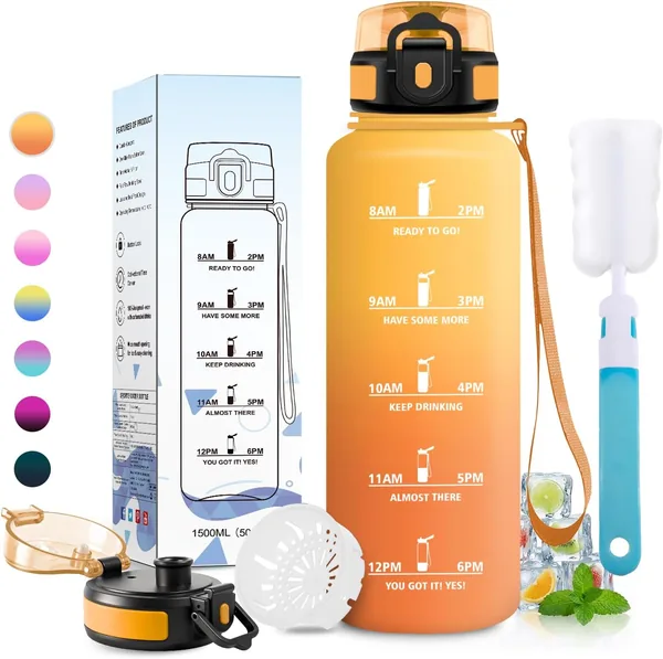 Bouteille d'eau sportive JAPORIA, 1.5 L, réutilisable avec filtre, marqueur horaire, étanche, pour l'extérieur - Meilleur Prix