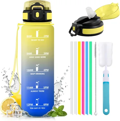 JAPORIA Bottiglia d'Acqua Sport 1L con Fori per Bere, Indicatore di Tempo, Antileak, Perfetta per Scuola, Ufficio e Lavoro