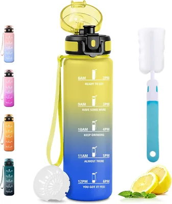 JAPORIA 1L Bottiglia d'Acqua Sportiva, Con Segnalatori di Tempo, Filtro Acqua, Anti-Perdita, BPA-Free per Scuola