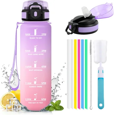 Japoria Bottiglia d'Acqua Sportiva 1L con Stroco Impermeabile e Indicatore di Tempo per Scuola Ufficio