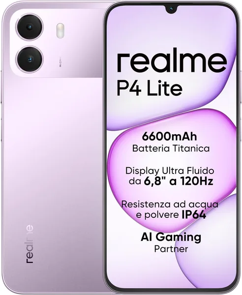 Realme P4 Lite 4G Smartphone 4GB+256GB, Pantalla LCD HD de 6.8" a 120Hz, Batería Titanio de 6600mAh, Carga 15W, Recarga Inversa 6W, IP