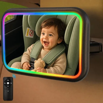 Angju Baby Car Mirror with Light - 7 RGB Lights, Rear-Facing, Rechargeable, 360° Rotation