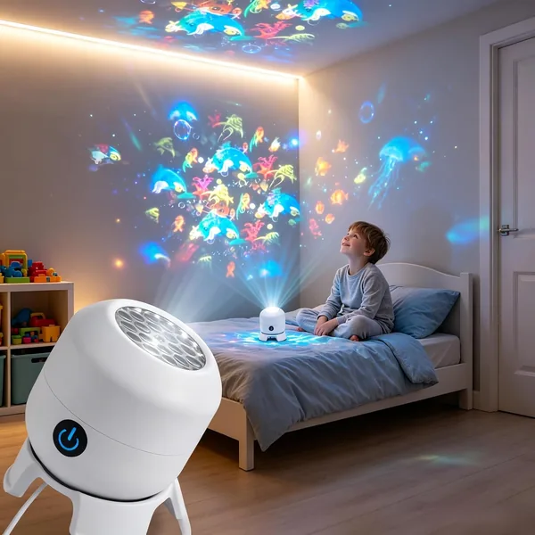 Proyector de luz nocturna LED dinámico giratorio con base, rotación de 360°, lámpara de proyección de copo de nieve oceánico, para niños
