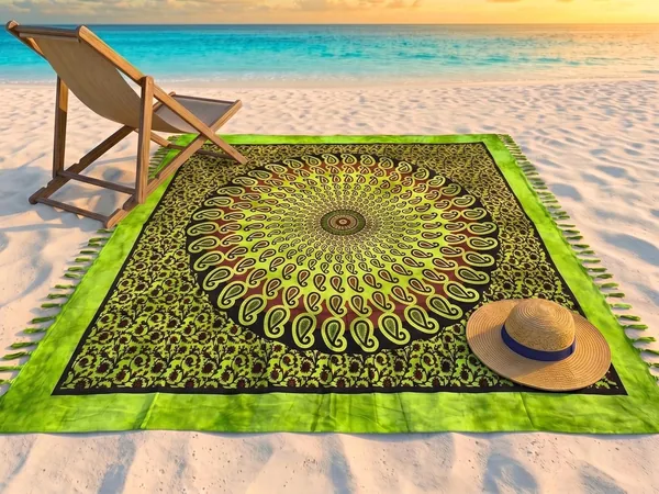 o-day Large Cotton Beach Towel 200 x 240 cm with Ethnic Patterns Beach Towel Large Double Size Multicoloured (Circle - Green)
