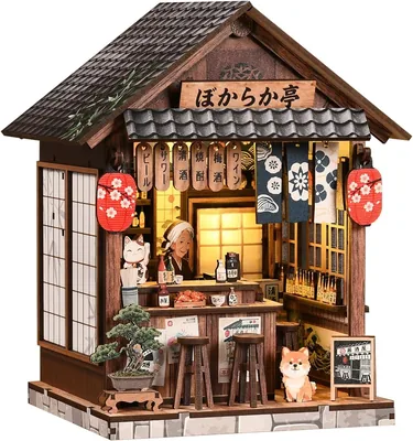 TUSEASY Book Nook Kit Japońskie Izakaya ze Światłem LED | Drewniane Puzzle 3D | Miniaturowa Scena Japonii | Dotykowe Światło - Najlepsza Cena!