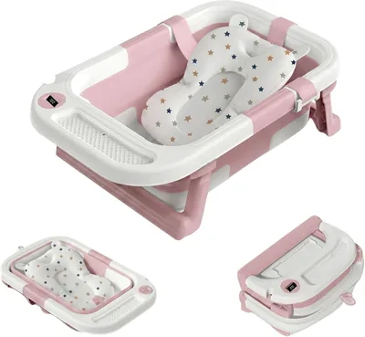 Motek Squash Bañera Tina Plegable para Bebé con Termómetro Digital Táctil, Red Acolchada de Soporte, Tapón de Drenaje y Charco - 9% De Descuento
