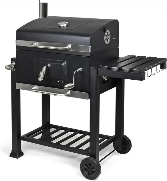 Meridiana XXL Charcoal Barbecue with Lid, Thermometer, Stainless Steel Grill, Adjustable Basket, Folding Shelves and Wheels. Garden Charcoal Barbecue