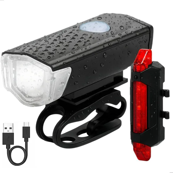 Kit Lanterna Bicicleta Recarreg vel USB LED Farol Dianteiro e Luz Traseira Bike IPX4