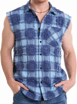 Men's Sleeveless Plaid Front Shirt, Cowboy Button Down, AED 103.24