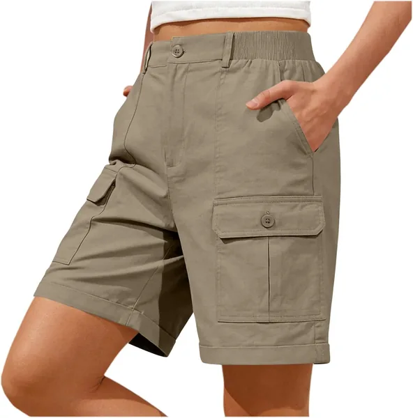 Pantalones cortos para mujer, estilo bermuda de verano con bolsillos y botones, piernas amplias, ligeros elásticos rápidos secado