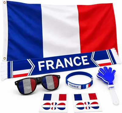 Kit de soutien France Tricolore - Ensemble d'accessoires bleu blanc rouge avec drapeau 90 x 150 cm, écharpe, lunettes amusantes - Ensemble complet