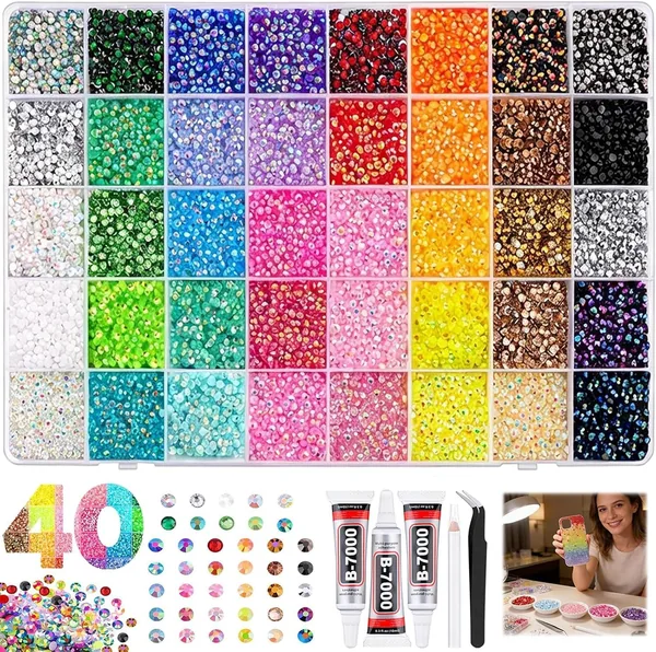 36000Pcs Resin Jelly Rhinestones for Bedazzling, Multicolor 3mm Flatback Gems for Diamond Art, Bedazzler Kit with 3Pcs 10ml B7000 Jewelry Glue for Bedazzle Thing Crafting
