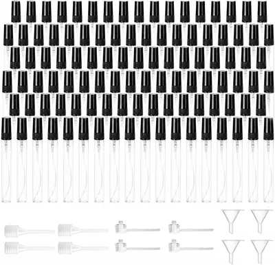 Decantados Perfumes 10ml, 100 piezas Mini Atomizador Perfume | Frascos transparentes, recargables y portátiles con tapa negra