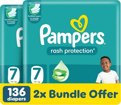 Pampers Rash Protection Diapers, Size 7, +50% Aloe Vera, 3x Leak-Lock, Best Deal