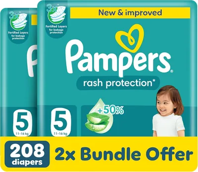 Pampers Rash Protection Diapers Size 5, +50% Aloe Vera, 3x Fortified Layers, Best Deal