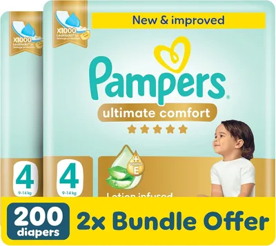 Pampers Ultimate Comfort Taped Diapers, Size 4, 9-14kg, Aloe Vera & Vitamin E Lotion, 1000 Leak Lock Tech - Best Deal