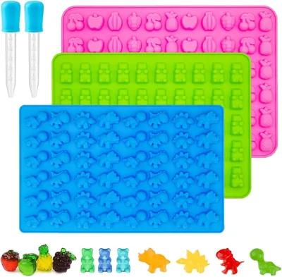 HIMNZUC 3 Pcs Silicone Candy Molds - Gummy Bear Dinosaur Fruit Shapes with 1 Droppers Non-Stick BPA Free for DIY Gummy Chocol Best Deal