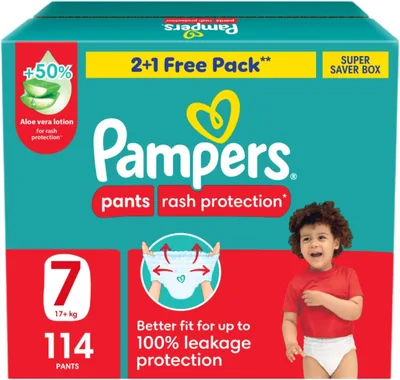 Pampers Rash Protection Pants Diapers, Size 7, +50% Aloe Vera Lotion, 360° Leak-Free Fit