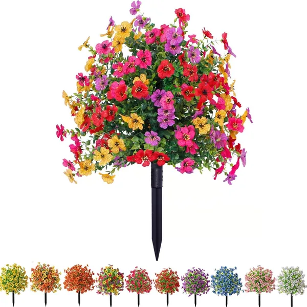 Artificial Flowers for Outdoors, UV Resistant Artificial Outdoor Plants for Decoration Faux Plastic Greenery Shrub for Home Porch Decor, All Season Decoration (Mixed Color) - 12 Pack
