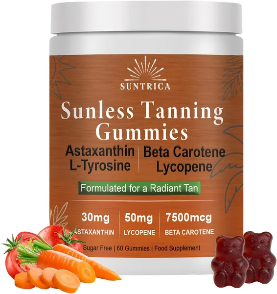Gomas de Tanning Sunless con Beta-Caroteno, Licopeno, Astaxantina y L-Tirina - Activador de Tanning Vegano - 6% de Descuento
