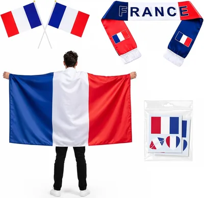 Kit de soutien de l'équipe de France - Écharpe, cape de drapeau, 2 drapeaux de main, tatouages temporaires - Accessoires de football pour match, fête ou cadeau