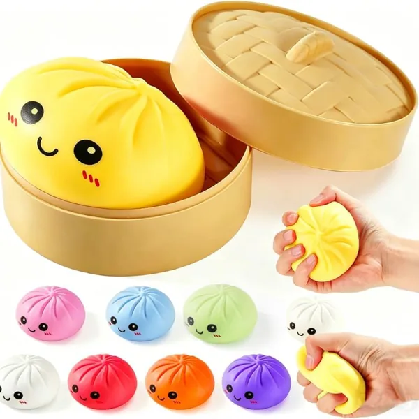 Dumpling Squishy, Colorful Squishies Dumplings Stress Balls Toy, Stocking Stuffers with Food Steamer Stretchy (Pink) (Yellow)