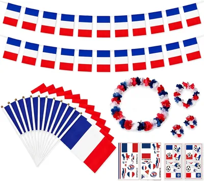Kit de soutien de France AHEZQILU, 10 m de banderole, 10 drapeaux de main, collier de fleurs tricolores, accessoires pour la Coupe du Monde 2026, football