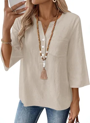 LOMON 3/4 Sleeve Women's Cotton Linen Shirts V Neck Blouses - Best Deal