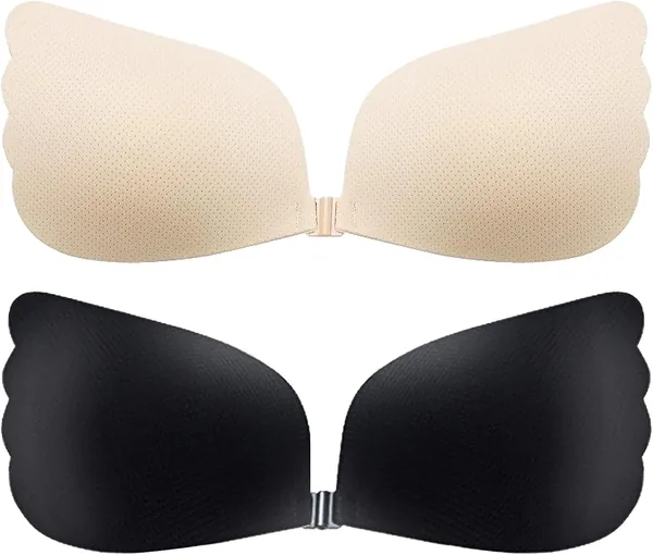 HEYIN 2 Pairs Sticky Bra Backless Adhesive Strapless Invisible Push Up Bra Nipple Covers Stick on Bras for Women
