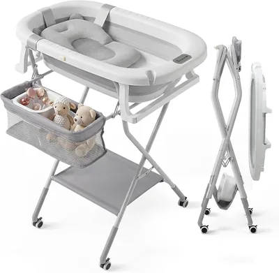 Mobiclinic® Bañera para Bebés Plegable con Pies y Soporte Ajustable, Ruedas 360° con Freno y Cojín Ergonómico, Tubo de Drenaje