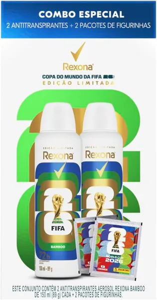 Kit Rexona Antitranspirante Aerossol Bamboo 2x150ml + 2 Pacotes de Figurinhas - Edição Limitada Copa do Mundo FIFA 26