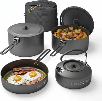 EVOCAMP Zestaw naczyń kuchennych do gotowania na kemping 4-częściowy z aluminium, lekkie składane uchwyty i torba, kuchnia outdoorowa Best Price