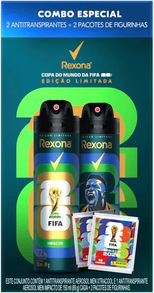 Kit Rexona Men Antitranspirante Aerossol Xtracool + Impacto 150ml + 2 Pacotes de Figurinhas - Edição Limitada Copa do Mundo da FIFA 26 - Melhor Oferta