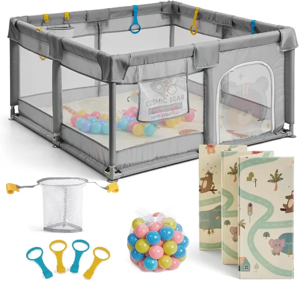 Buddy Baby Children's Playpen 120 x 120 cm + Mat + Handles + Basket + Balls - Baby Playpen with Breathable Mesh - Foldable Baby Playpen with Side Door (Grey)