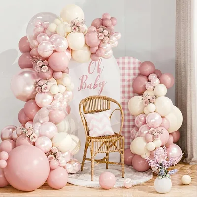 Arreglo de globos de arco pastel rosa 118 con kit de guirnalda de globos perla rosa doble capa y globo rosa retro beige para bebé